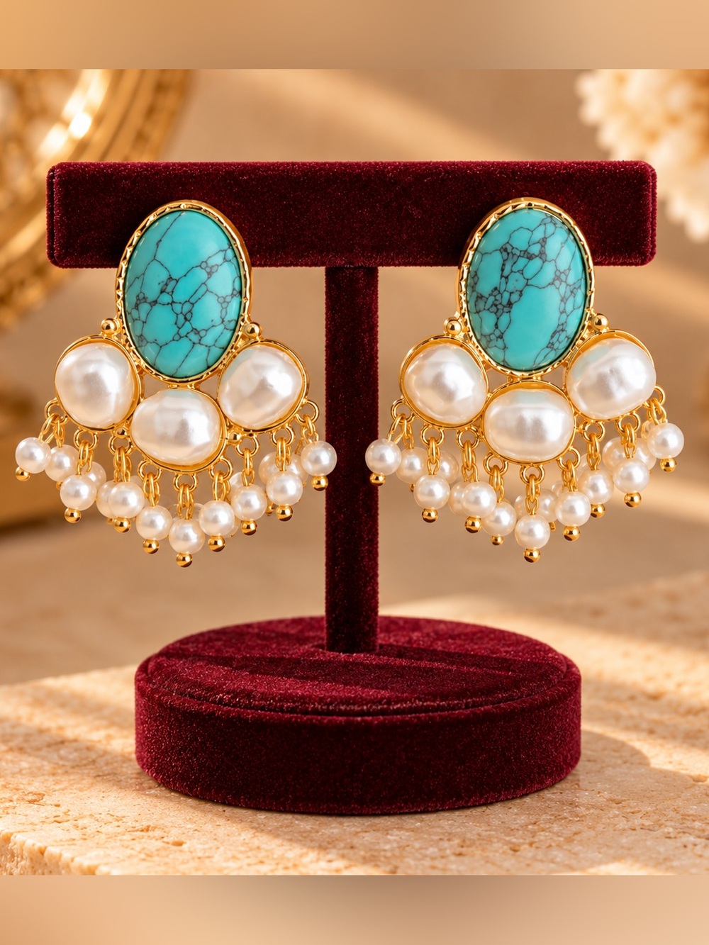 Vintage Style Turquoise Pearl Dangle Statement Earrings